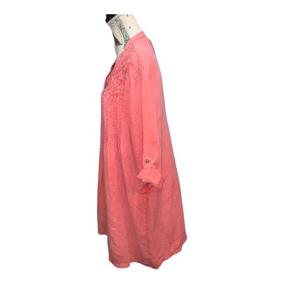 Karyn Seo Eva V-Neck 3/4 Sleeve Embroidered Coral Linen Shift Dress SZ MED. - Picture 3 of 13